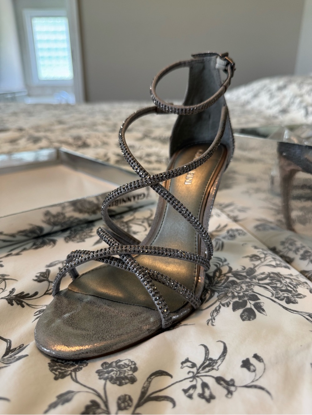 Gianni Bini Metallic Gray Strappy Rhinestone Heels - Never Worn